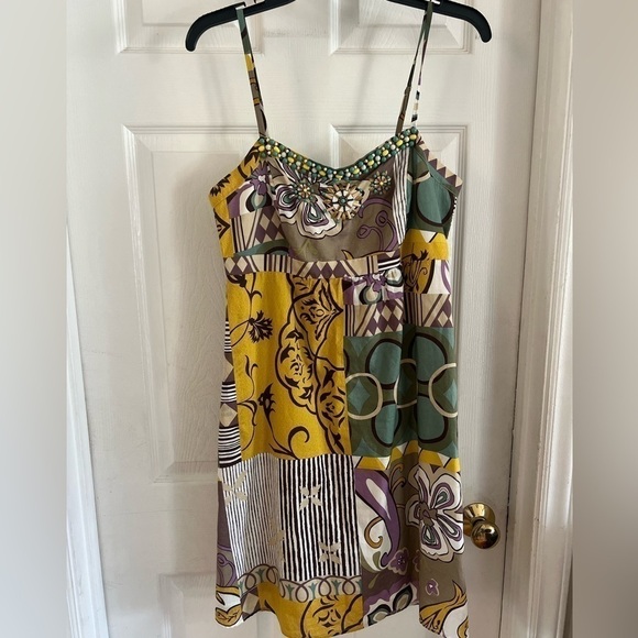 Cabo mini dress,size 8,spaghetti strap, color block,colorful,floral, beaded - Picture 1 of 7